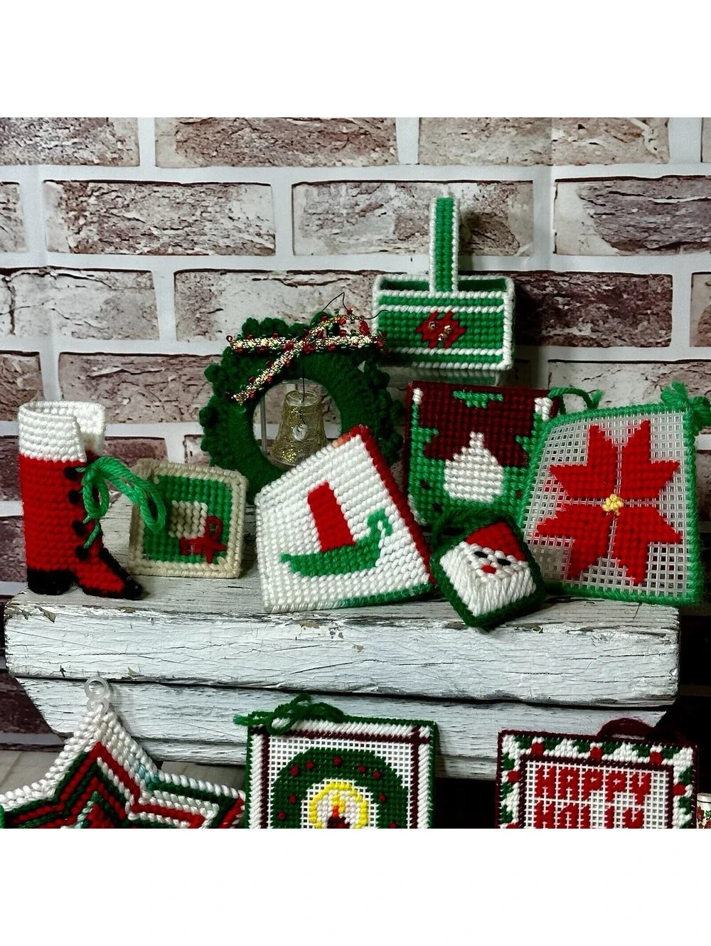 Vintage Lot 21 Plastic Canvas & Crocheted Christmas Ornaments & Poinsettia Decor